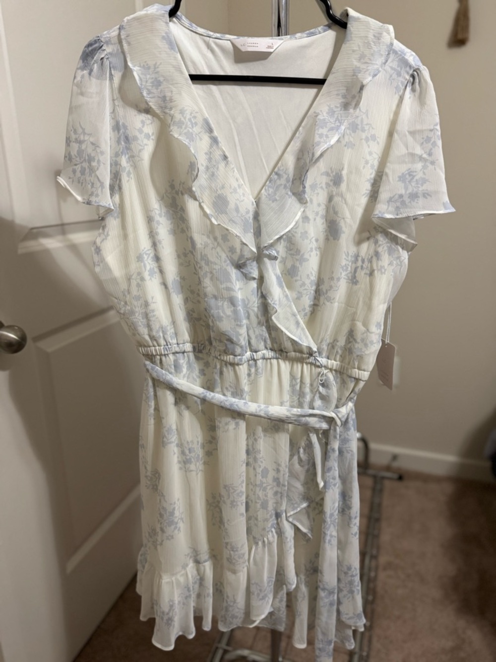 LC Lauren Conrad White Mini Wrap Dress with Light Blue Floral Print
